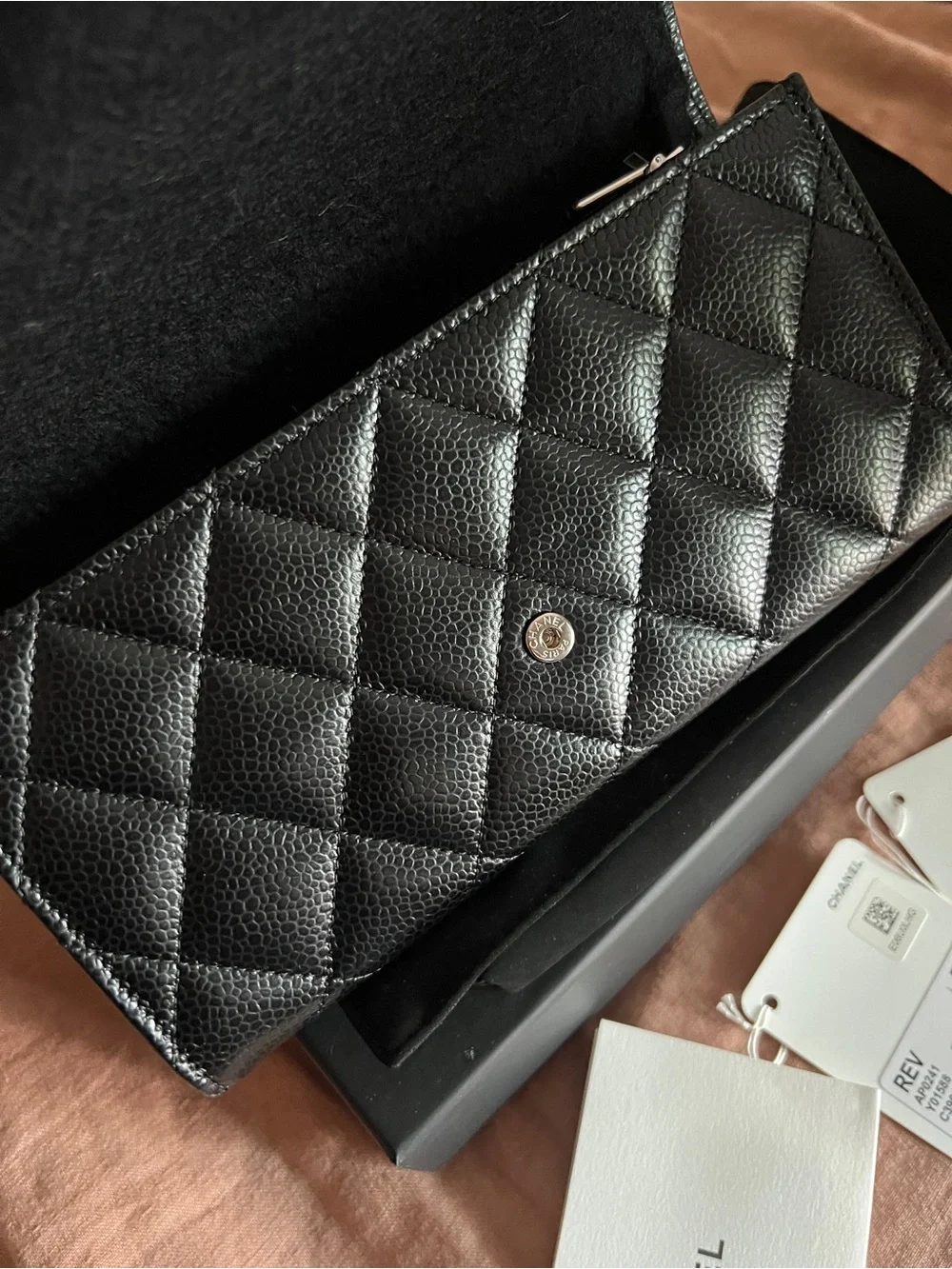 CHANEL Black Quilted Wallet with Silver CC Hardware
